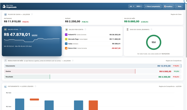 Dashboard completo do Meu Caixa Organizado