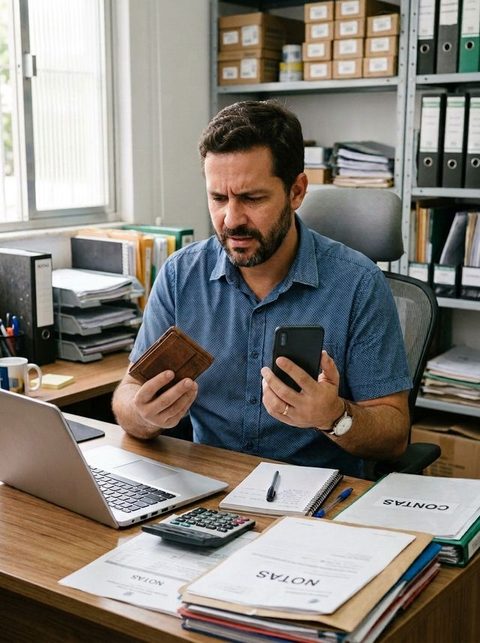 Dono de pequeno negócio olhando confuso pra carteira e celular, tentando entender pra onde foi o dinheiro