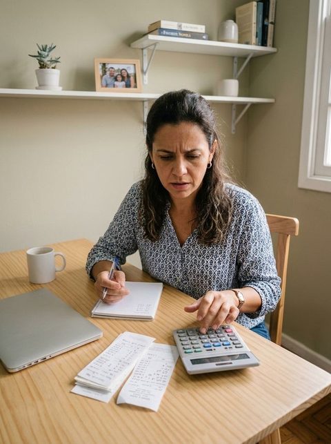 Dona de pequeno negócio conferindo recibos com calculadora, tentando calcular o lucro do mês