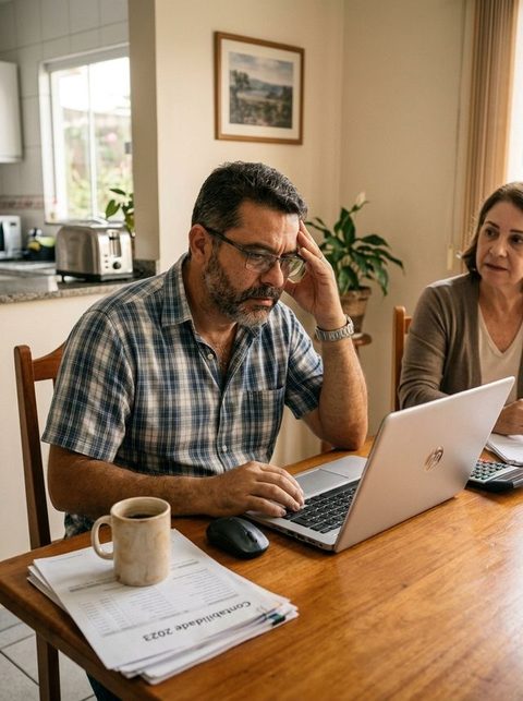 Casal conferindo extratos e contabilidade no laptop, cercados de papéis