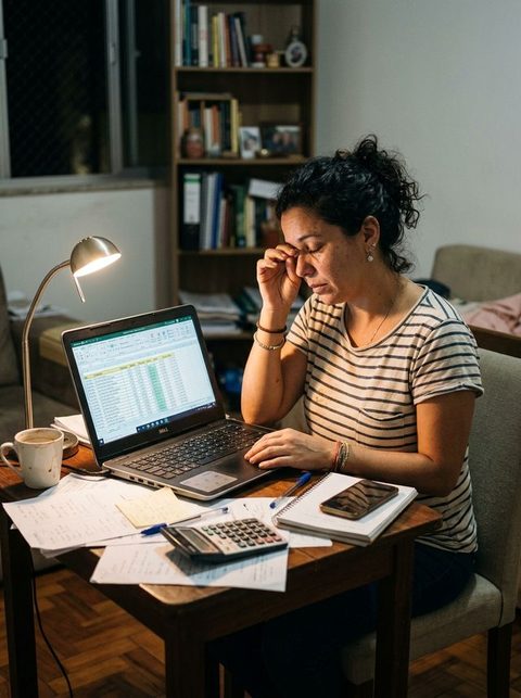 Dona de pequeno negócio cansada, tarde da noite, tentando organizar planilha do Excel bagunçada