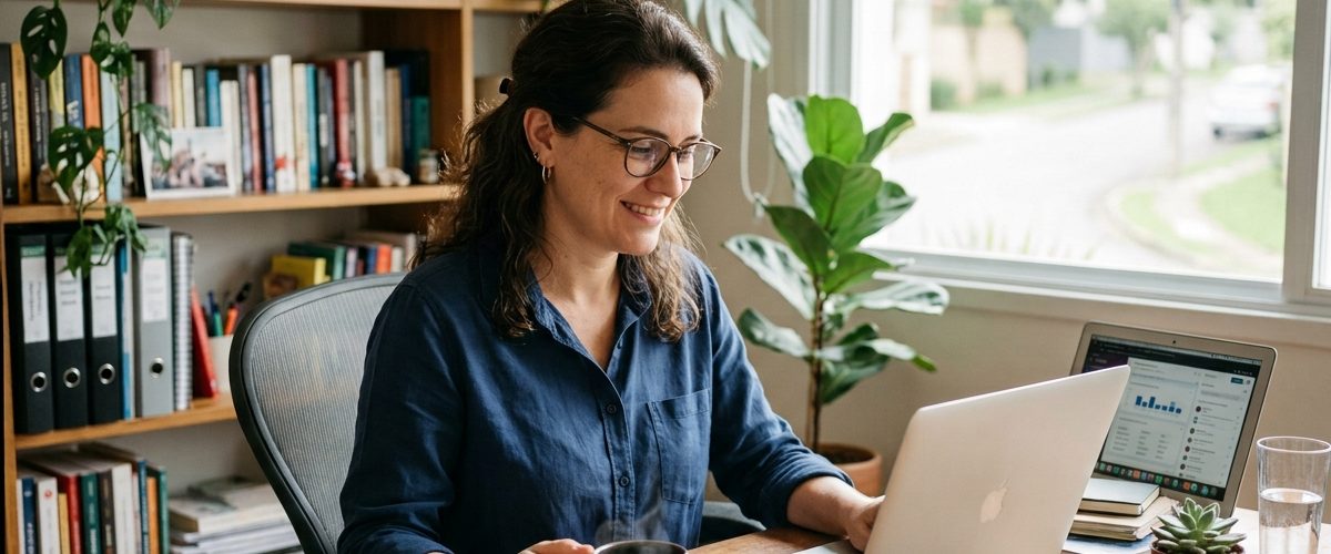 Empreendedora tranquila, sorrindo em frente ao notebook com um café em um home office