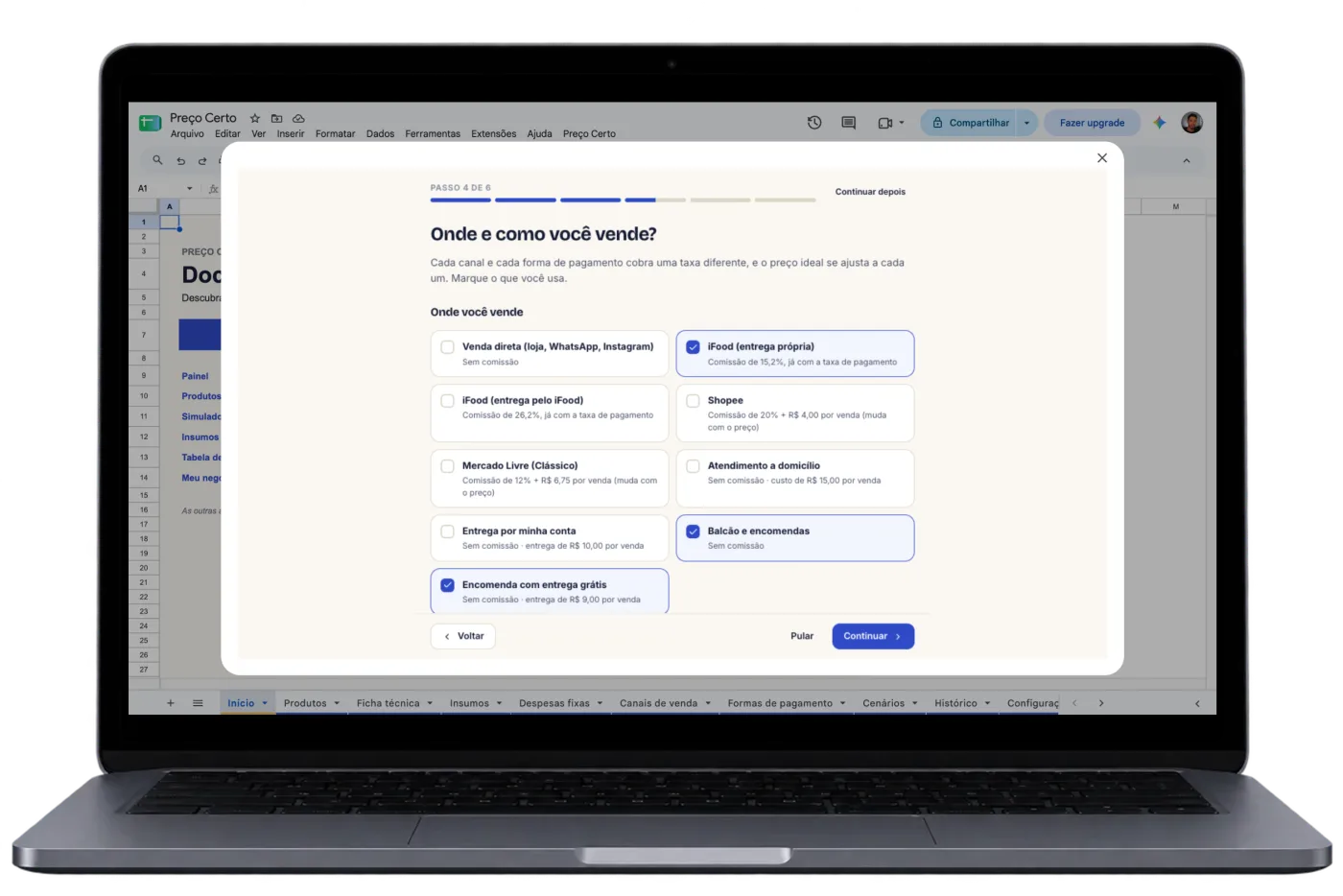 Notebook com o assistente de configuração do Preço Certo aberto no Google Planilhas