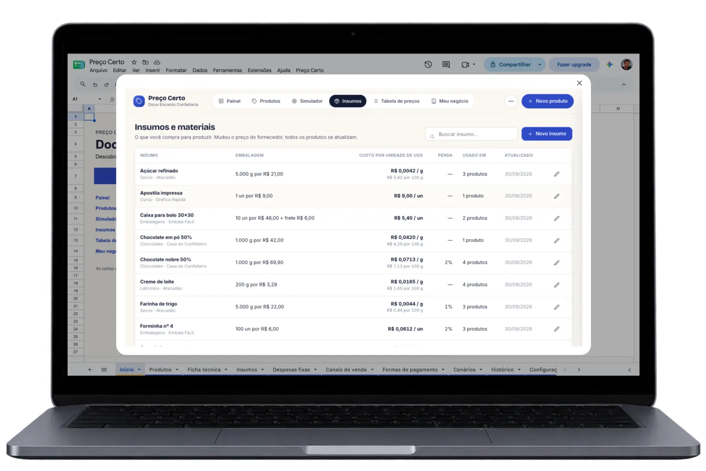 Planilha aberta no Google Planilhas com a lista de insumos e o custo de cada material