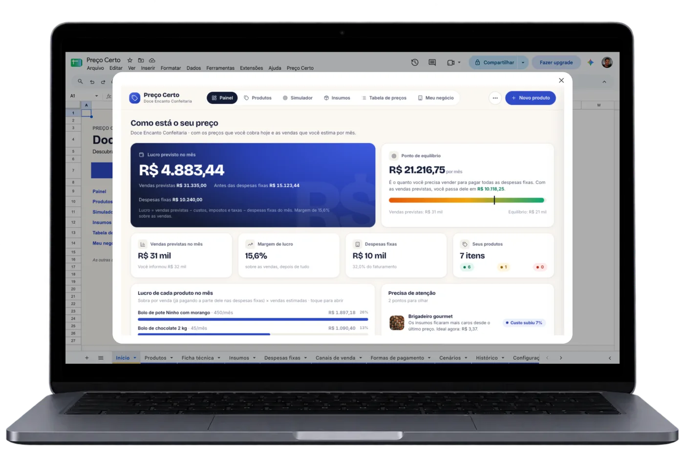 Notebook com o painel do mês do Preço Certo aberto no Google Planilhas