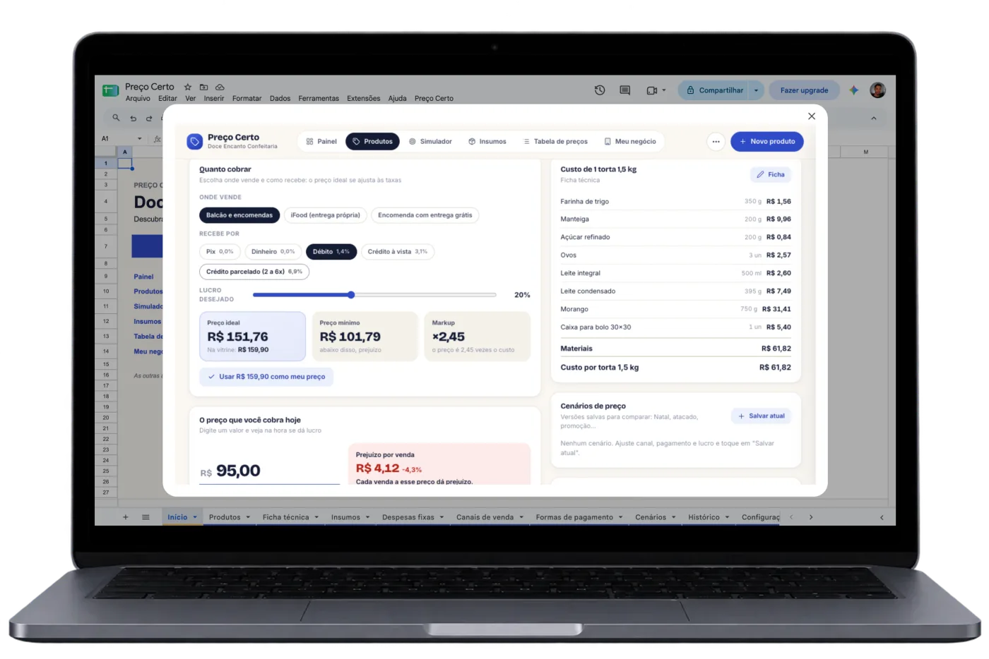 Preço digitado de R$ 95 na planilha mostrando prejuízo em cada venda