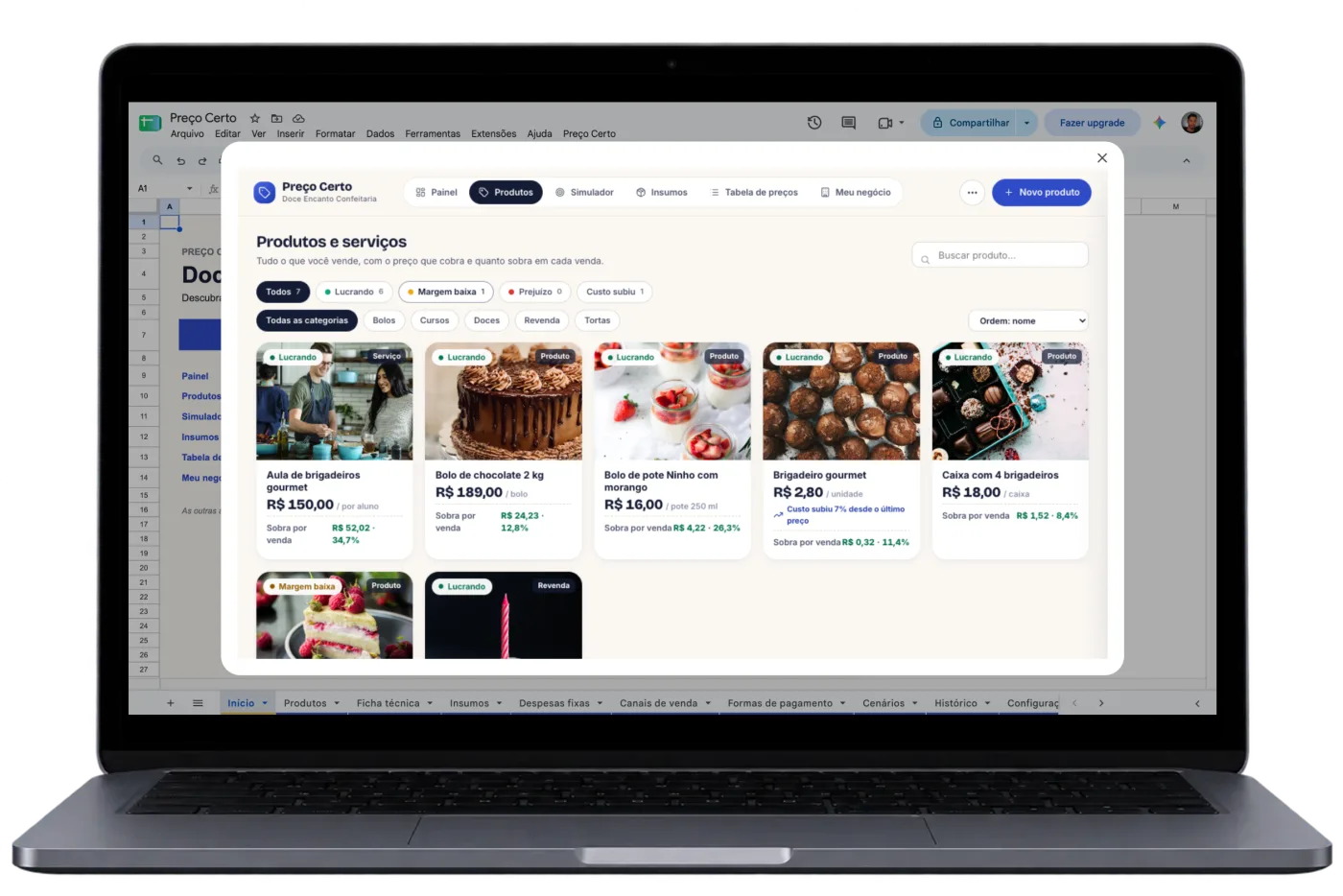 Planilha aberta no Google Planilhas com o catálogo de produtos, o preço de cada um e quanto sobra em cada venda